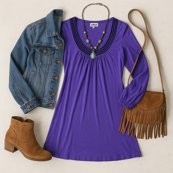 NWT Ethos Paris “Karolina” Organic Cotton Tunic Dress Color Orchid & Indigo - Picture 1 of 14